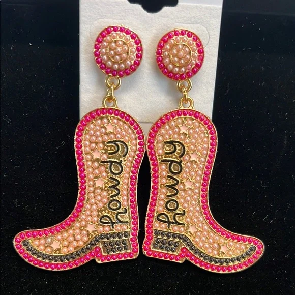 ✨Pink, Gold & Black Cowgirl “ Howdy” Boot Earrings 🩷🤠 - Picture 2 of 2